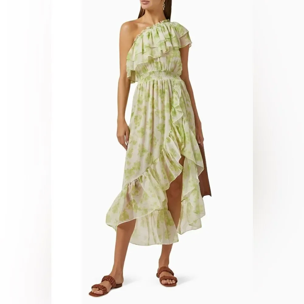 MISA Rumi MIDI Revolve Chiffon One Shoulder Dress in Honeydew Large‎ NWT
